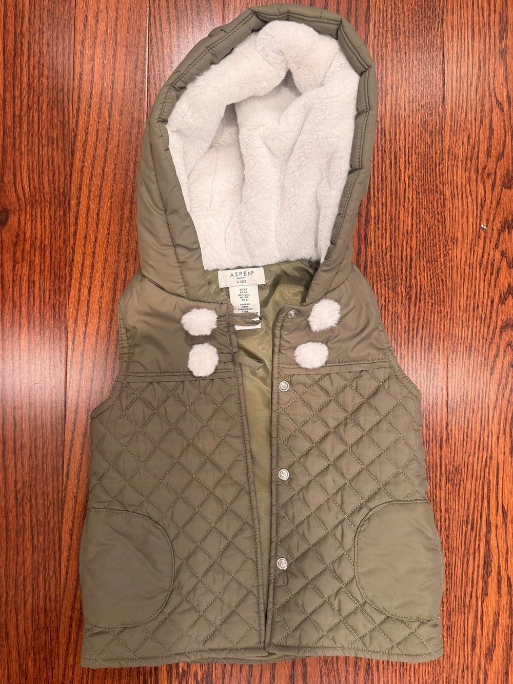 Kids Olive Quilted Hooded Vest with Sherpa Lining